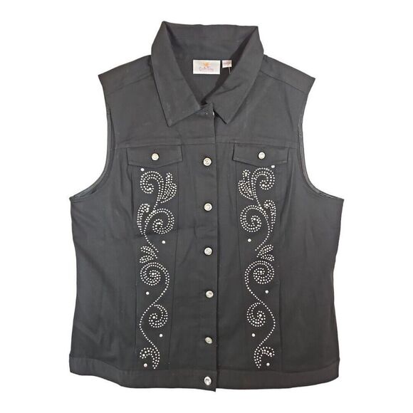 Quacker Factory Black Rhinestone Western Denim Style Vest Lg - Picture 1 of 8